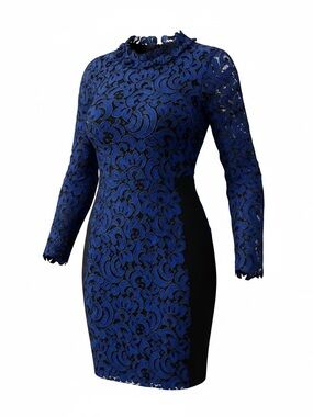 Elie Tahari Blue Lace Burnout Long-Sleeve Mini Sheath Dress w/Black Panels